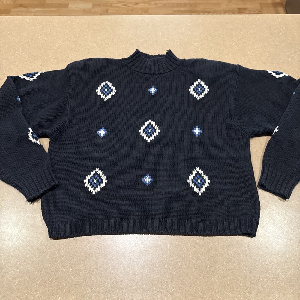 Vintage Liz Sport Sweater Sz L Geometric Cotton Preppy Old Money Boxy 90s Y2K